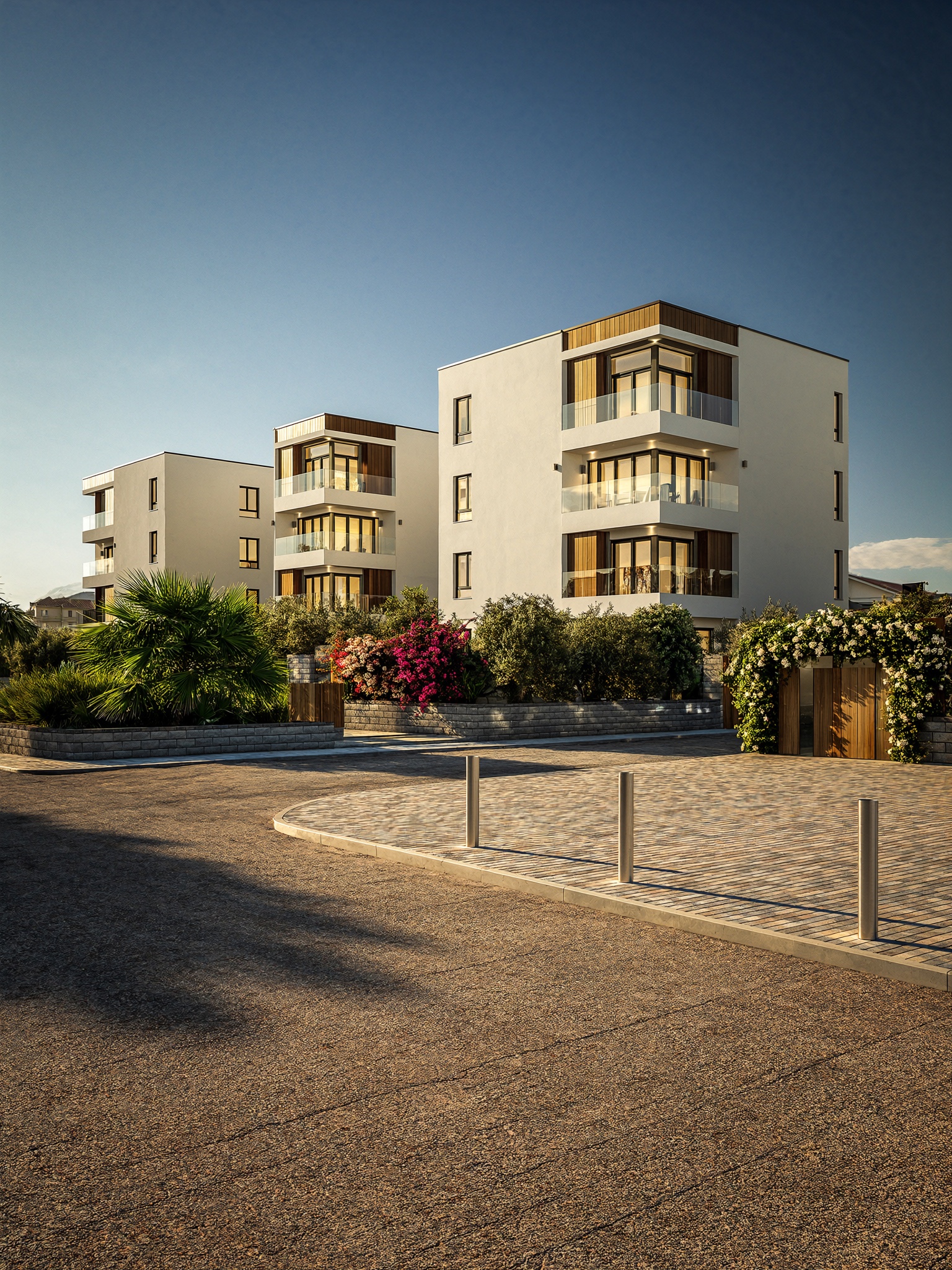 Neubau-Apartmenthaus in Paphos am Abend